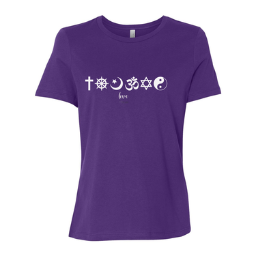 One Love Women's Tee with religious symbols from Christianity, Islam, and Judaism, promoting peace, love, and religious harmony. 100% cotton relaxed fit shirt in purple.